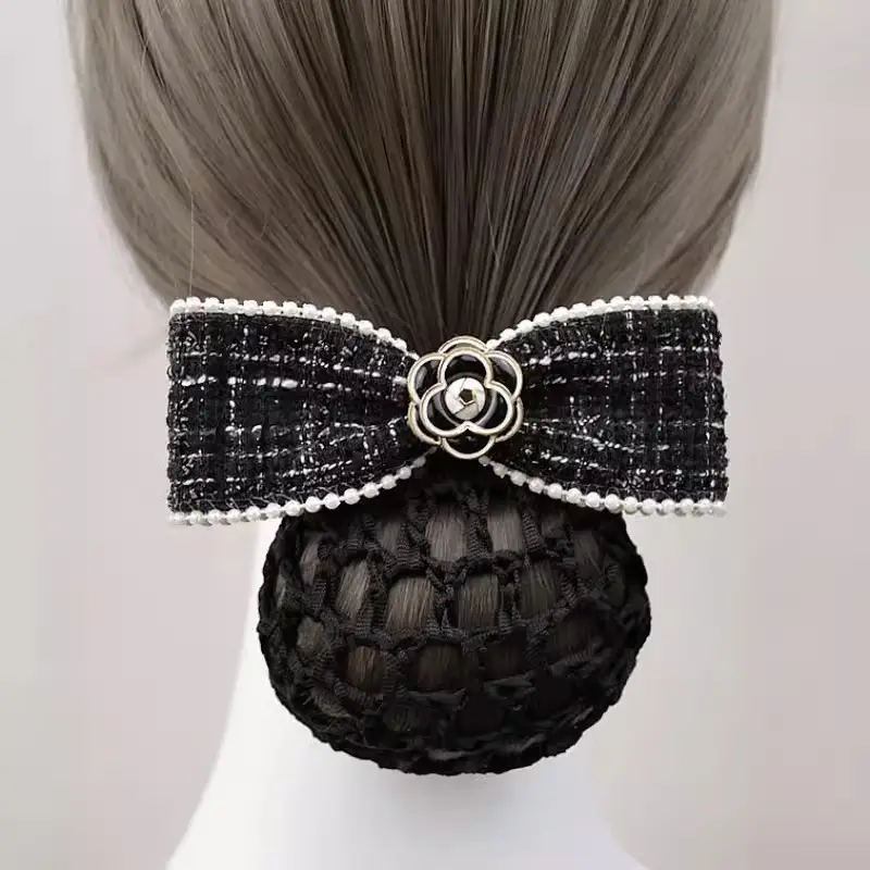 Black Embroidered Bow Hair Net for Women - Image 60