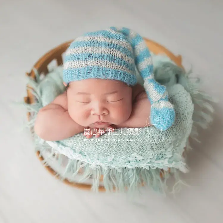Newborn Baby Hat & Blanket Set Blue Knitted Studio Props