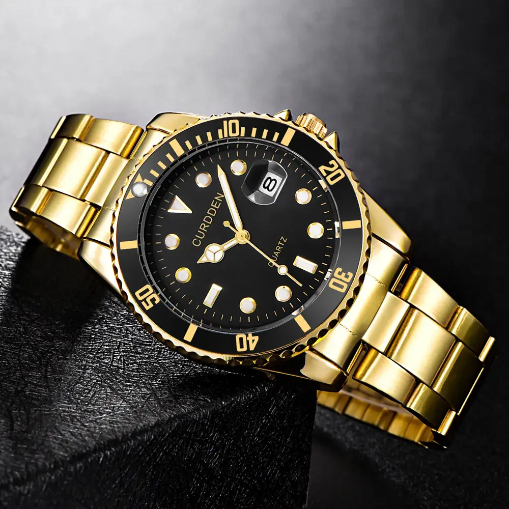 Men's Gold Quartz Wrist Watch with Black Dial - Image 11