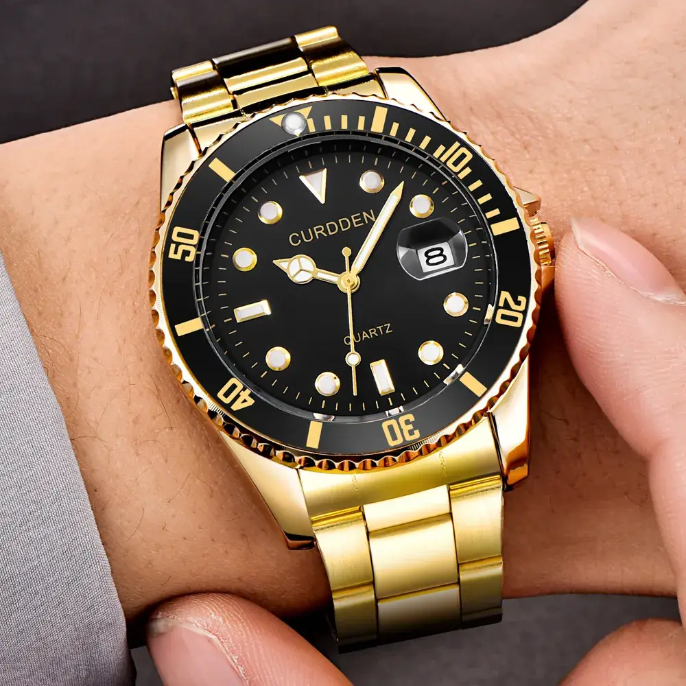 Men's Gold Quartz Wrist Watch with Black Dial - Image 13