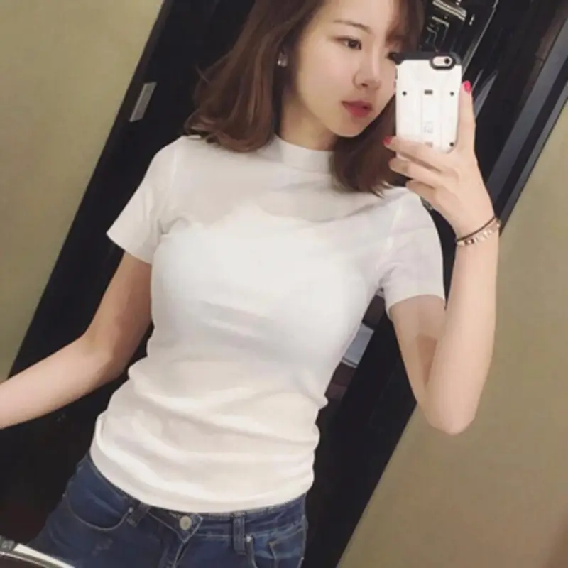 Women Slim Fit Black T-Shirt Half Turtleneck White Skirt Set - Image 3
