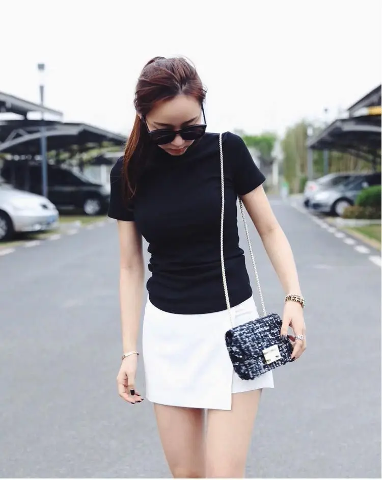 Women Slim Fit Black T-Shirt Half Turtleneck White Skirt Set - Image 5