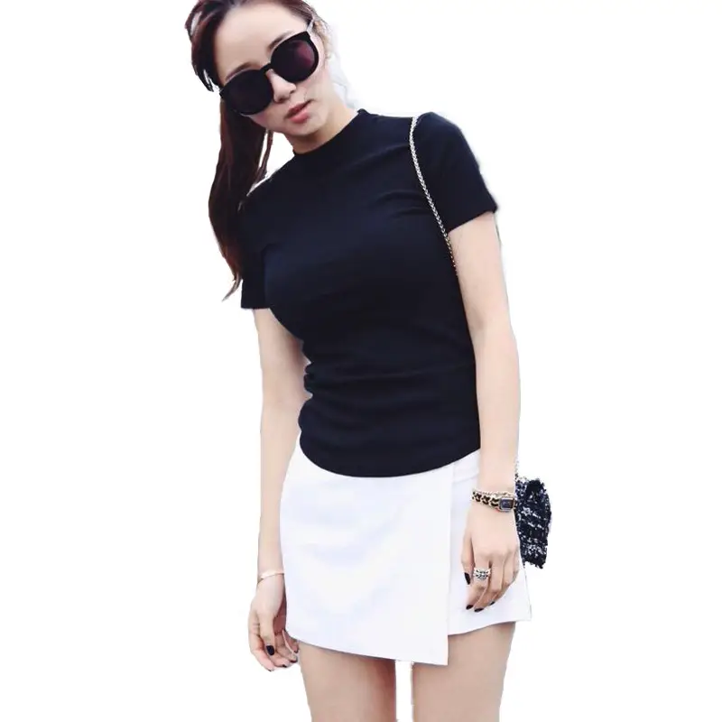 Women Slim Fit Black T-Shirt Half Turtleneck White Skirt Set - Image 7