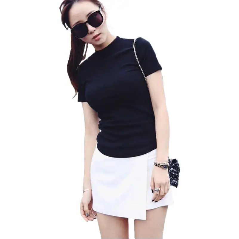 Women Slim Fit Black T-Shirt Half Turtleneck White Skirt Set