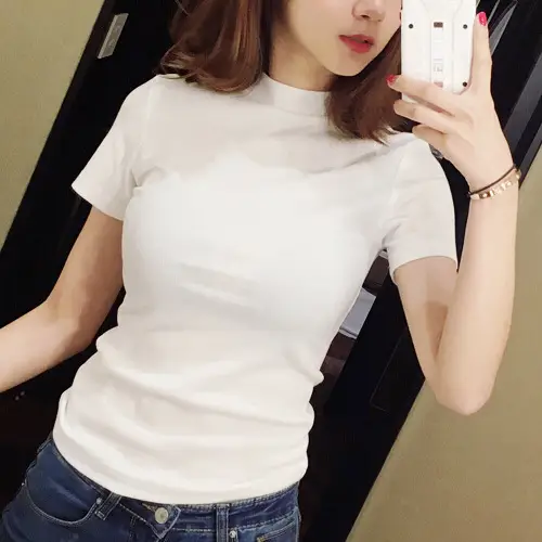 Women Slim Fit Black T-Shirt Half Turtleneck White Skirt Set - Image 2
