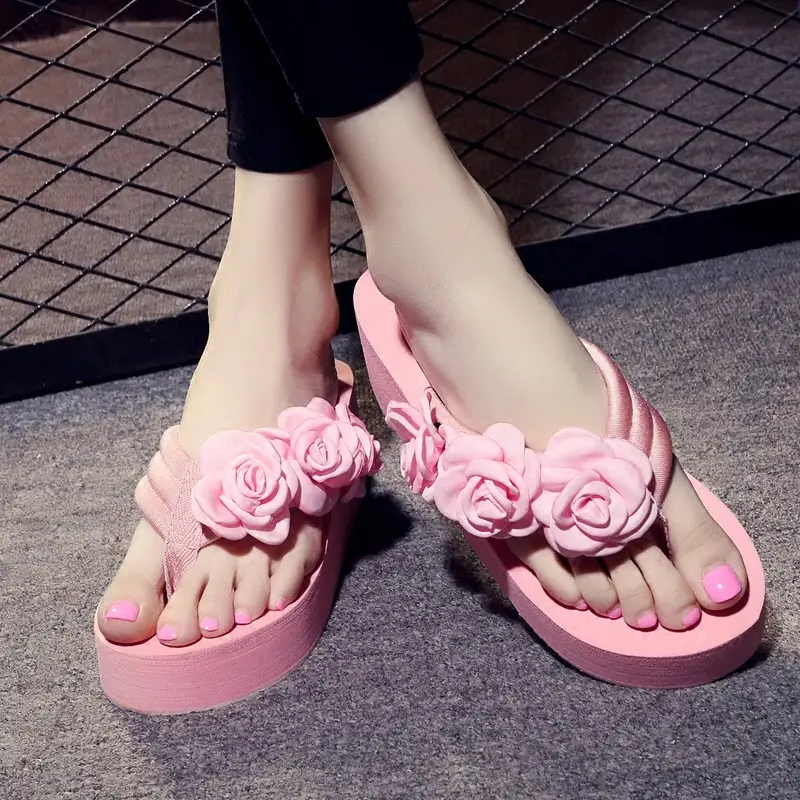 Women's Pink Rose Flower Wedge Slippers Summer