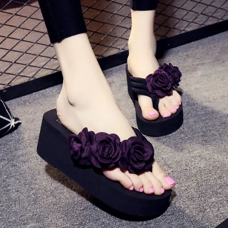 Women's Pink Rose Flower Wedge Slippers Summer