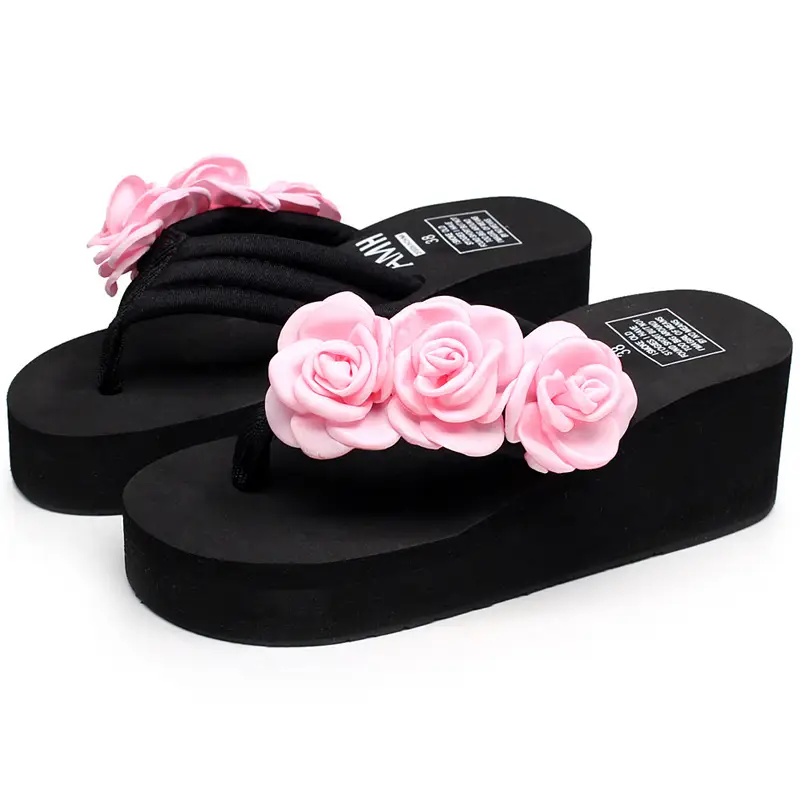 Women's Pink Rose Flower Wedge Slippers Summer