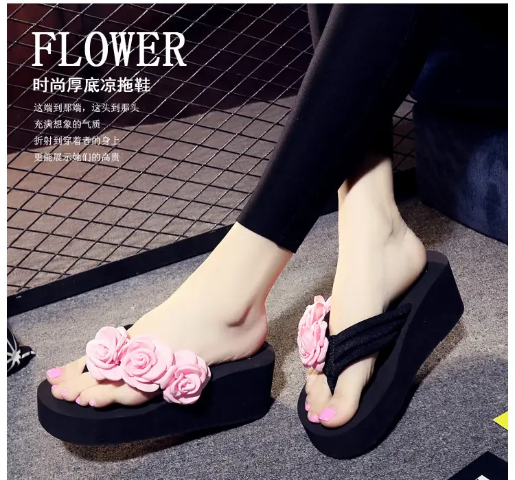 Women's Pink Rose Flower Wedge Slippers Summer