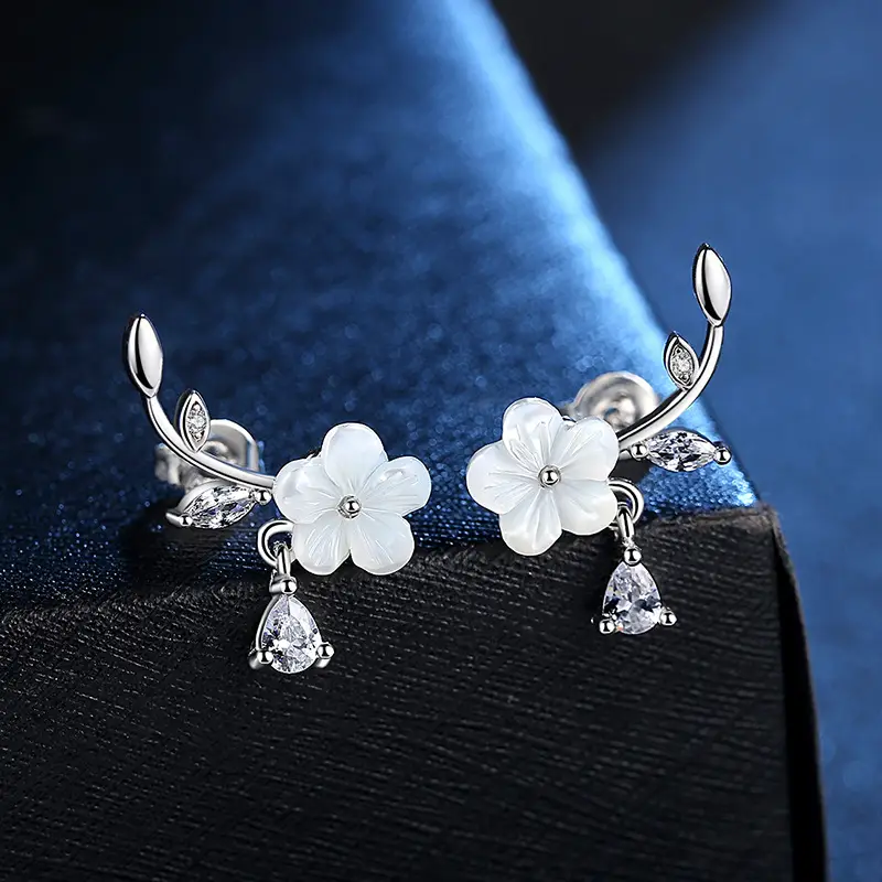 Women's Natural Shell Hand-carved Flower Silver Plated Earrings - Image 2