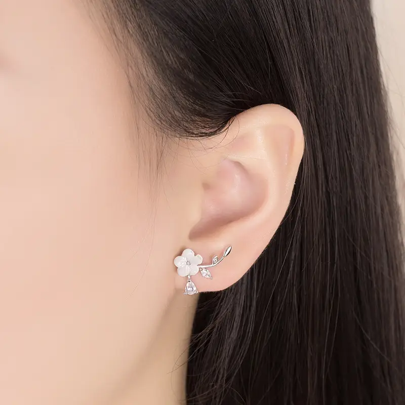 Women's Natural Shell Hand-carved Flower Silver Plated Earrings - Image 4
