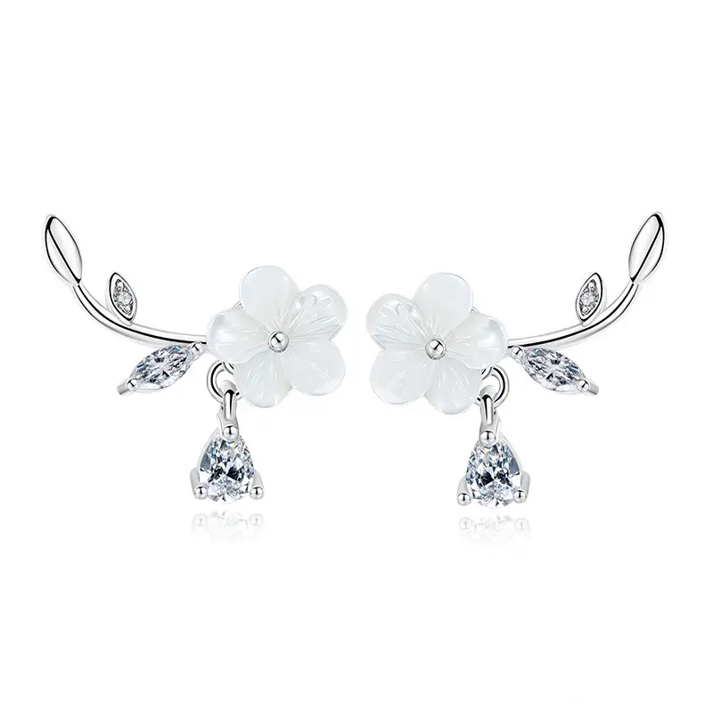 Women's Natural Shell Hand-carved Flower Silver Plated Earrings - Image 5