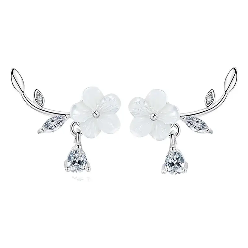 Women's Natural Shell Hand-carved Flower Silver Plated Earrings