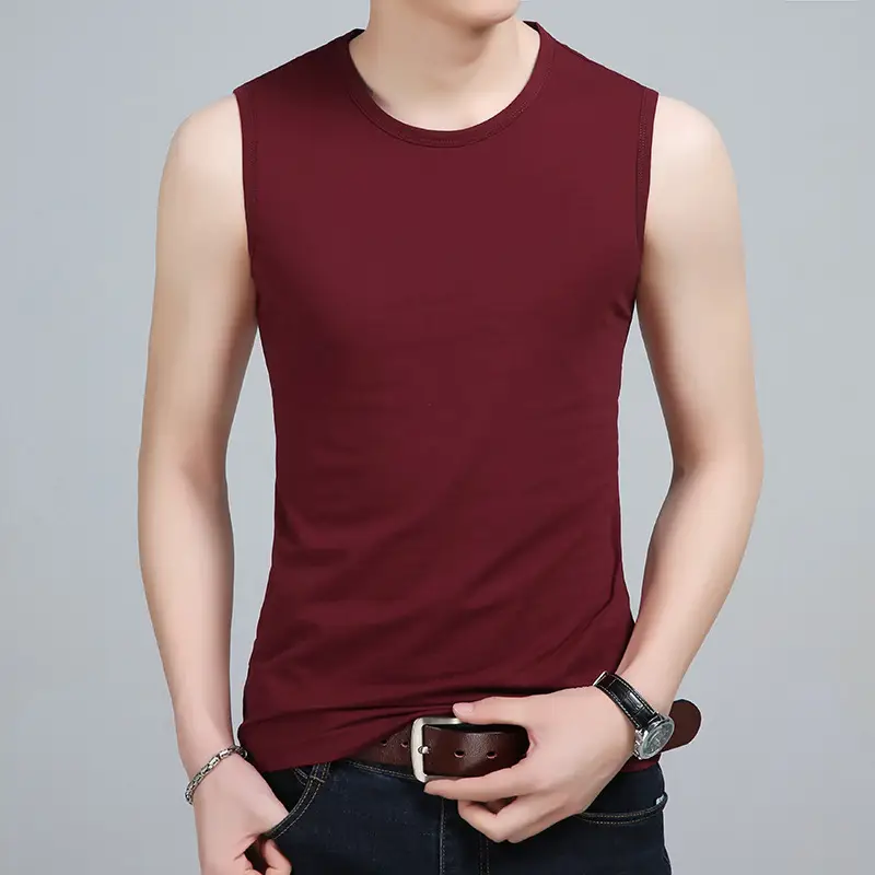 Men's Grey Cotton Sleeveless Vest Round Neck Solid Color - Image 2