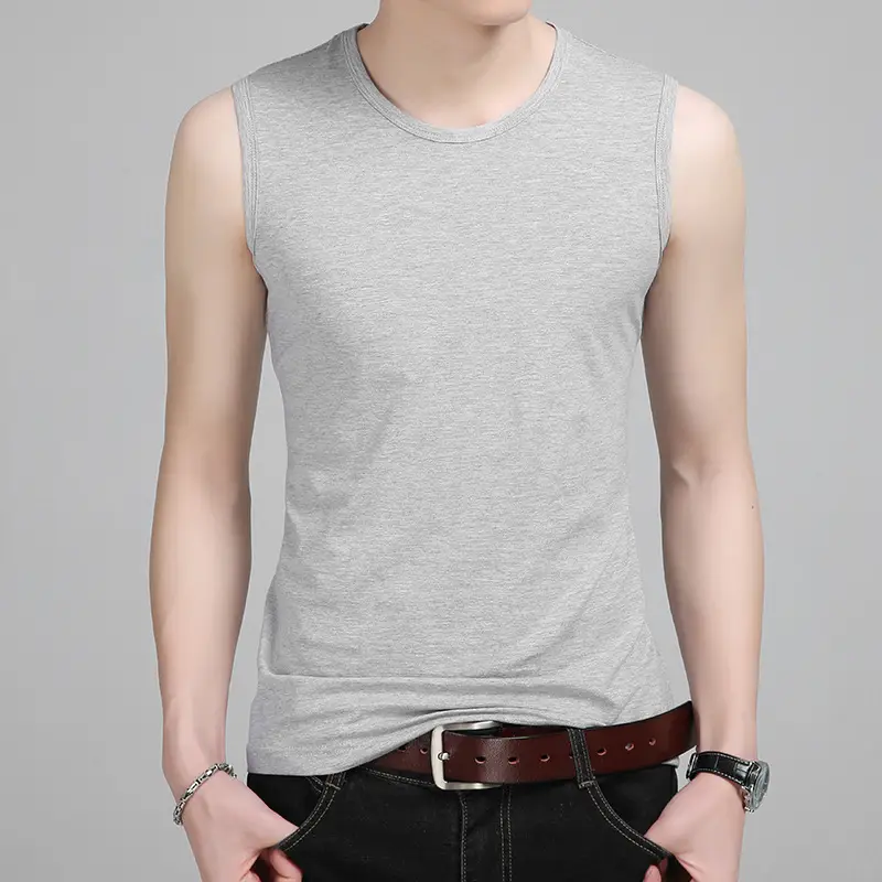 Men's Grey Cotton Sleeveless Vest Round Neck Solid Color - Image 3