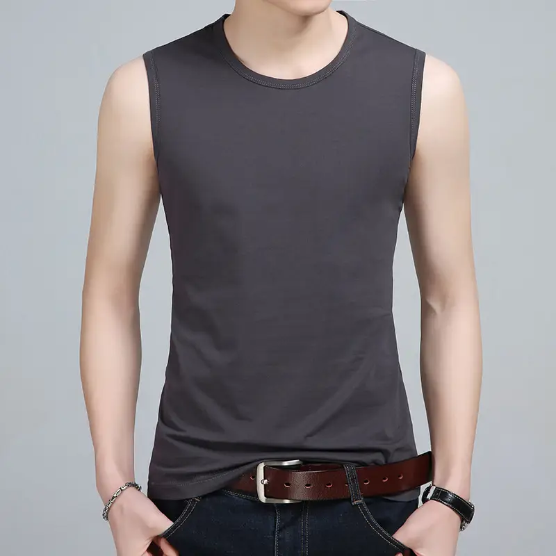 Men's Grey Cotton Sleeveless Vest Round Neck Solid Color - Image 5