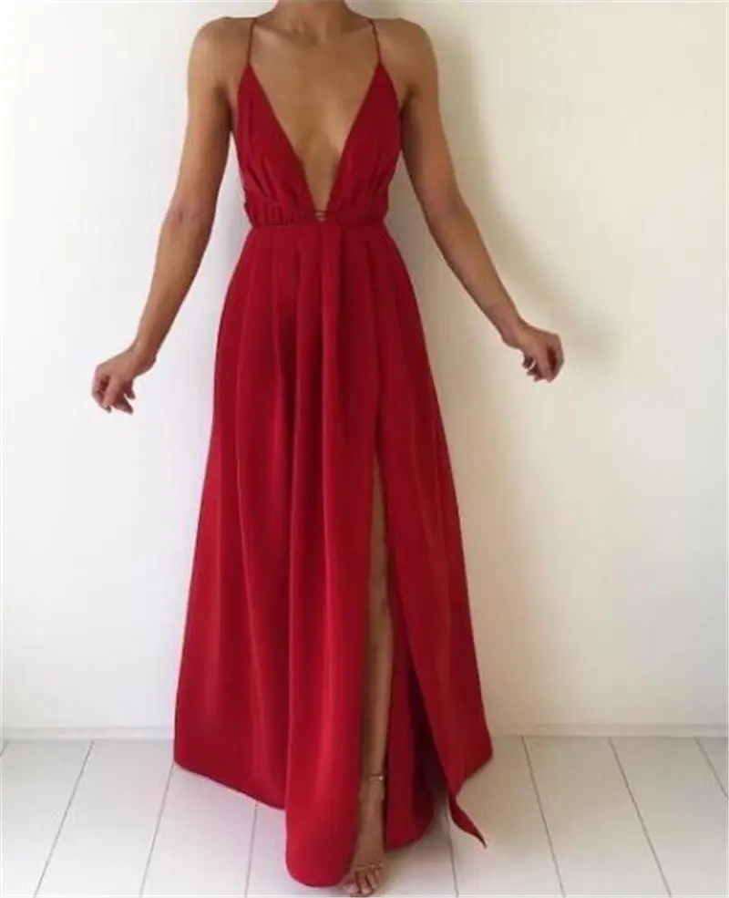 French Bohemian V-Neck Chiffon Dress Red Halter Back