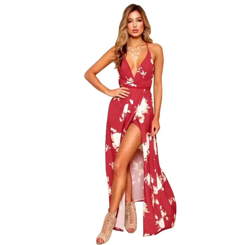 French Bohemian V-Neck Chiffon Dress Red Halter Back