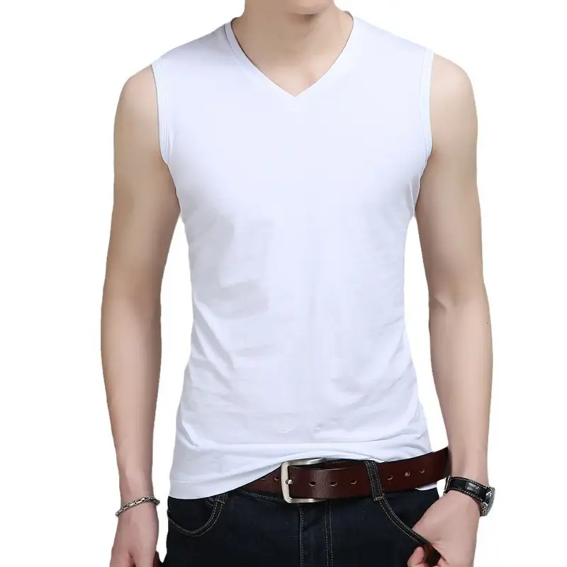 Men V-Neck Sleeveless Cotton Vest White Slim Fit - Image 11
