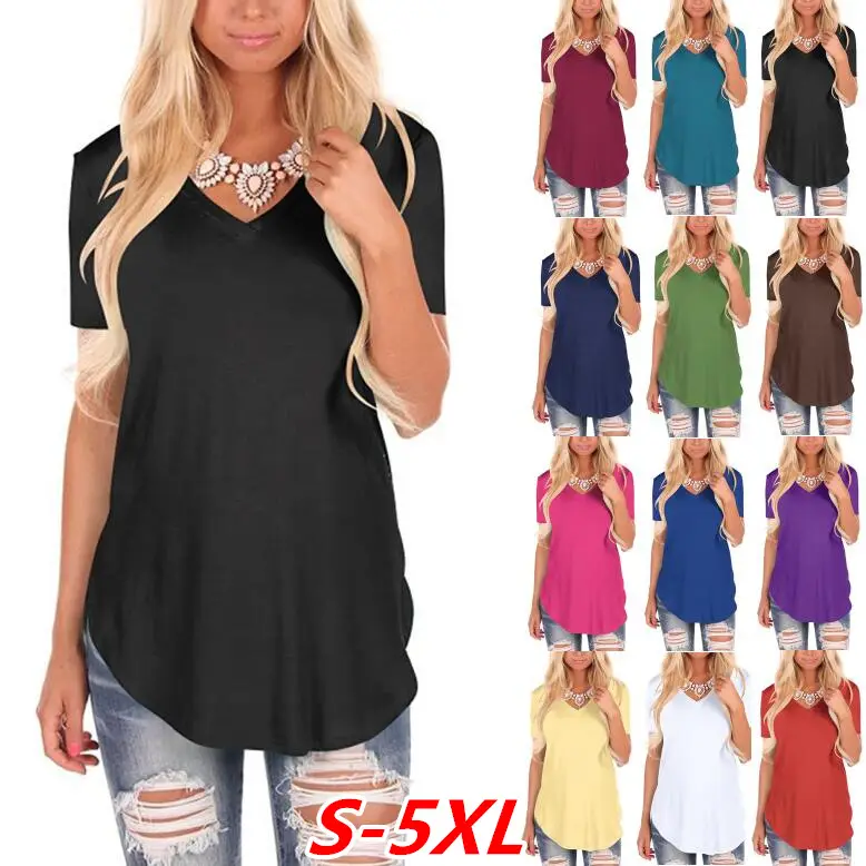 Women V-Neck Knitted T-Shirt Large Loose Summer Wear