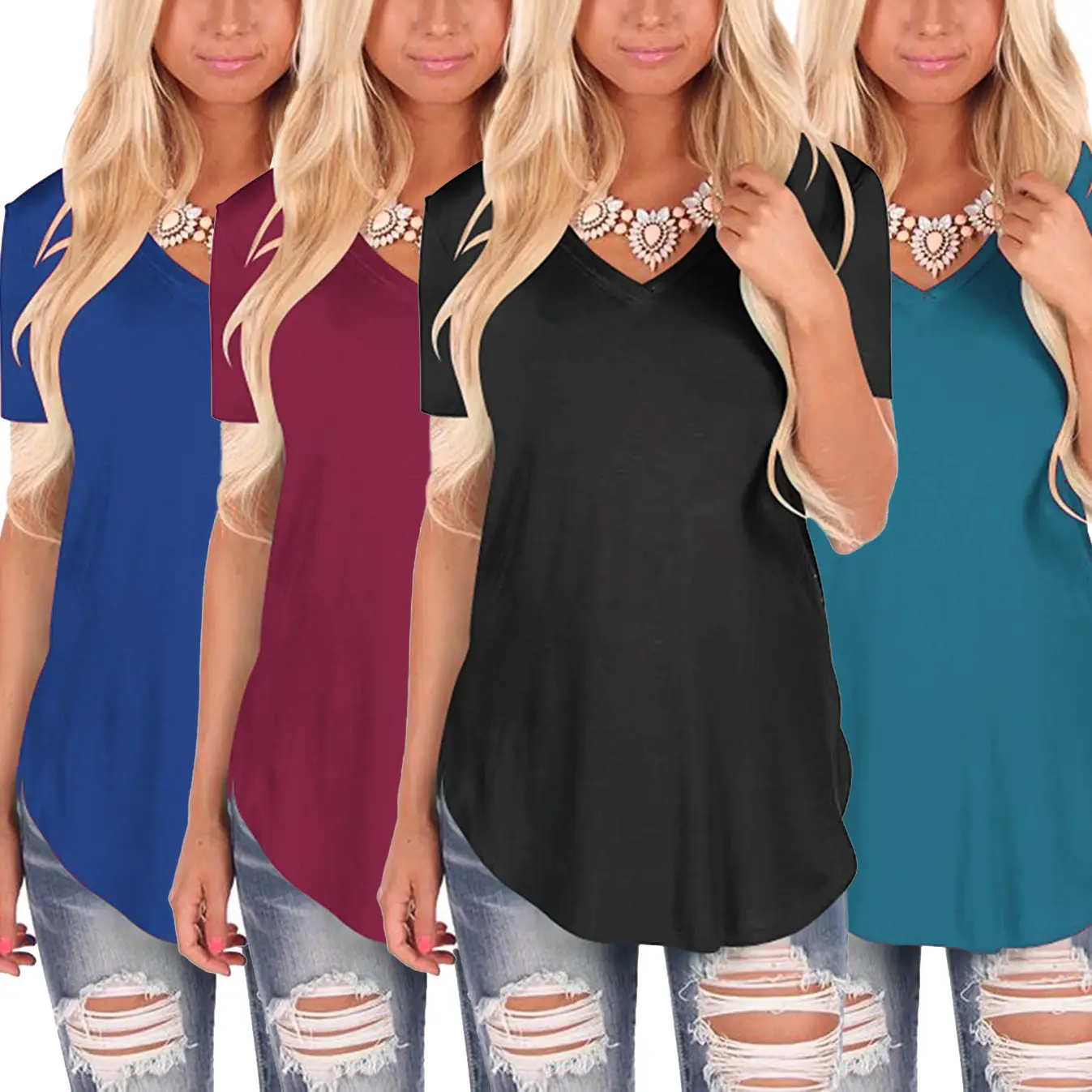 Women V-Neck Knitted T-Shirt Large Loose Summer Wear