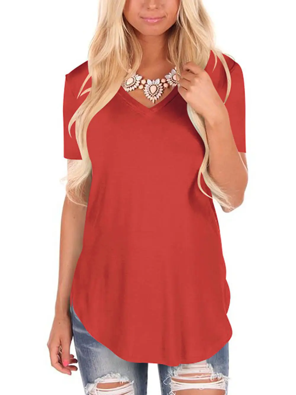 Women V-Neck Knitted T-Shirt Large Loose Summer Wear