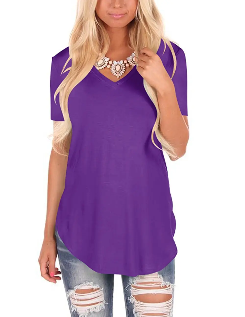 Women V-Neck Knitted T-Shirt Large Loose Summer Wear