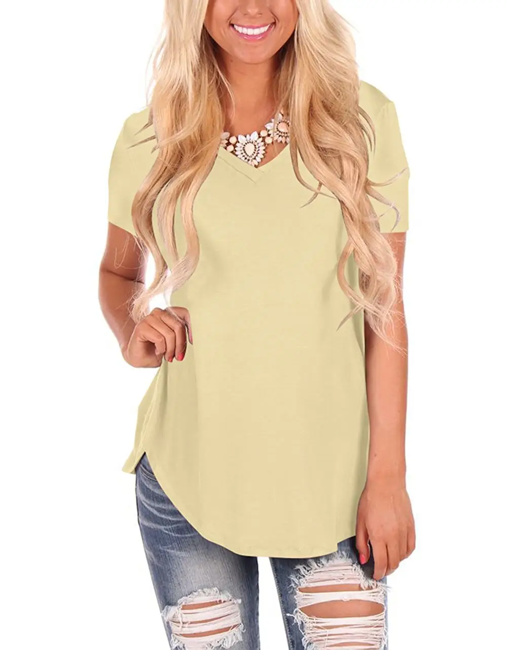 Women V-Neck Knitted T-Shirt Large Loose Summer Wear