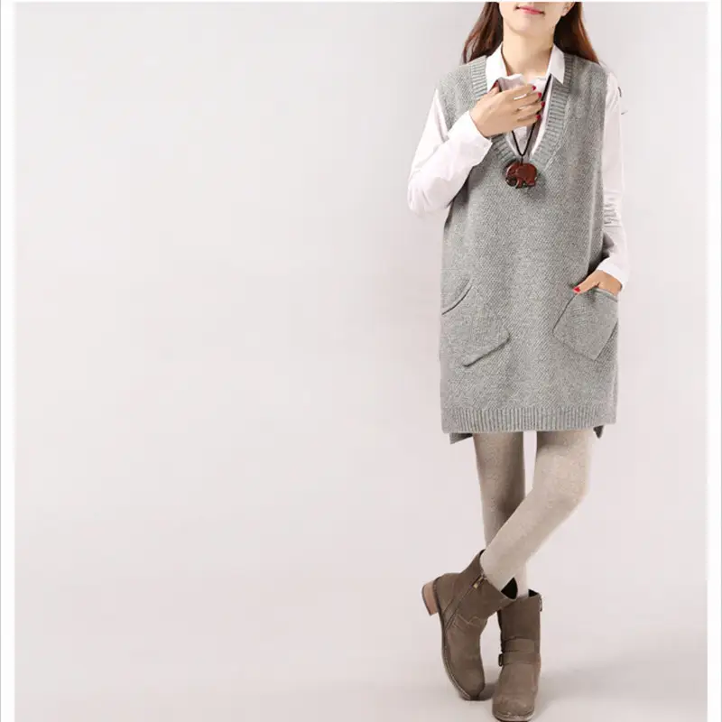 Olive Green V-Neck Knitted Vest Suit for Women - Image 8