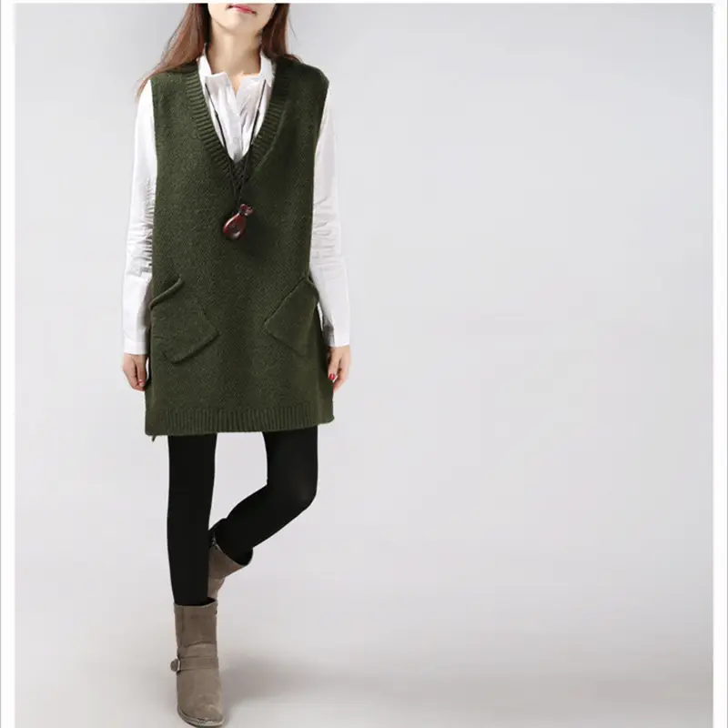 Olive Green V-Neck Knitted Vest Suit for Women - Image 4