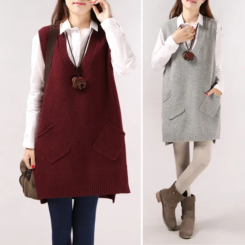 Olive Green V-Neck Knitted Vest Suit for Women - Image 5