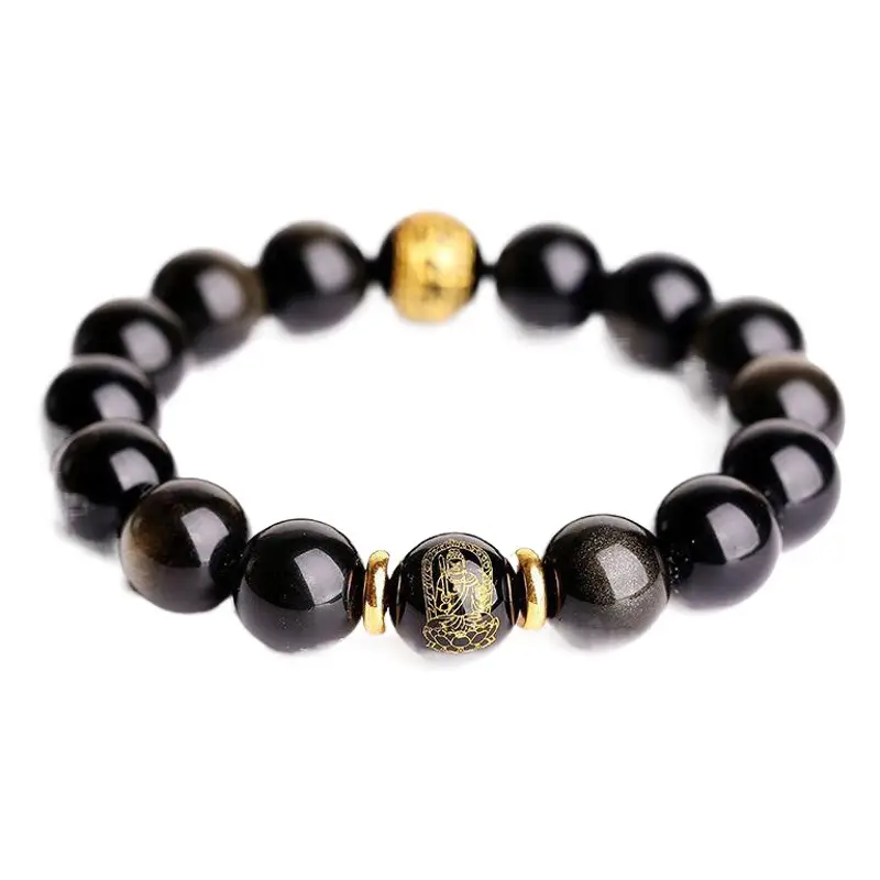 Two-sided Patron saint Natural Gold Obsidian Benmingfo Bracelet Men's and Women's Six-character True Words Black Yao Zodiac