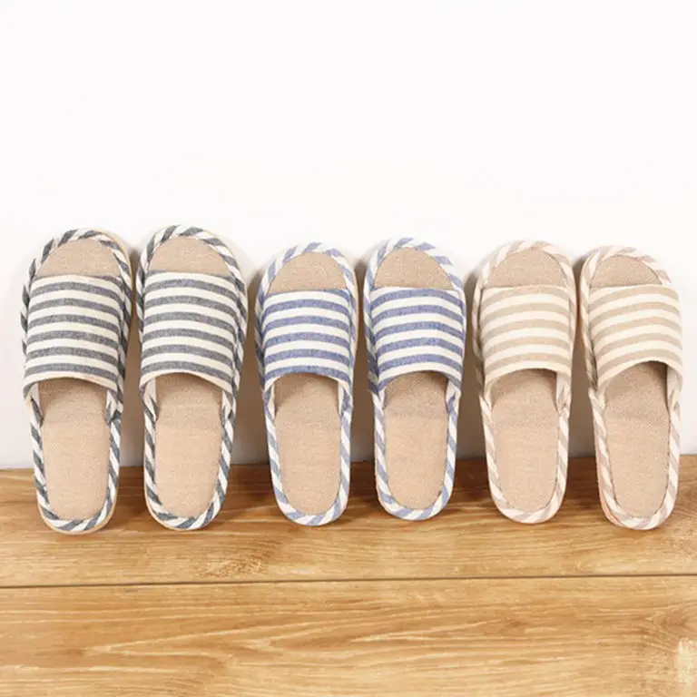 Striped Spring and Summer All Year Round Couple Men and Women Linen Home Cotton Slippers Home Household Wooden Floor Indoor Sandals and Slippers