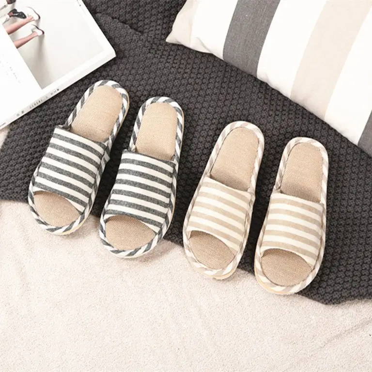 Striped Spring and Summer All Year Round Couple Men and Women Linen Home Cotton Slippers Home Household Wooden Floor Indoor Sandals and Slippers
