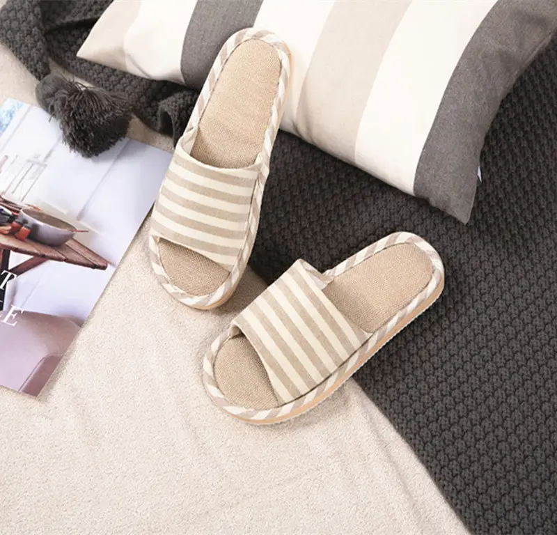 Striped Spring and Summer All Year Round Couple Men and Women Linen Home Cotton Slippers Home Household Wooden Floor Indoor Sandals and Slippers