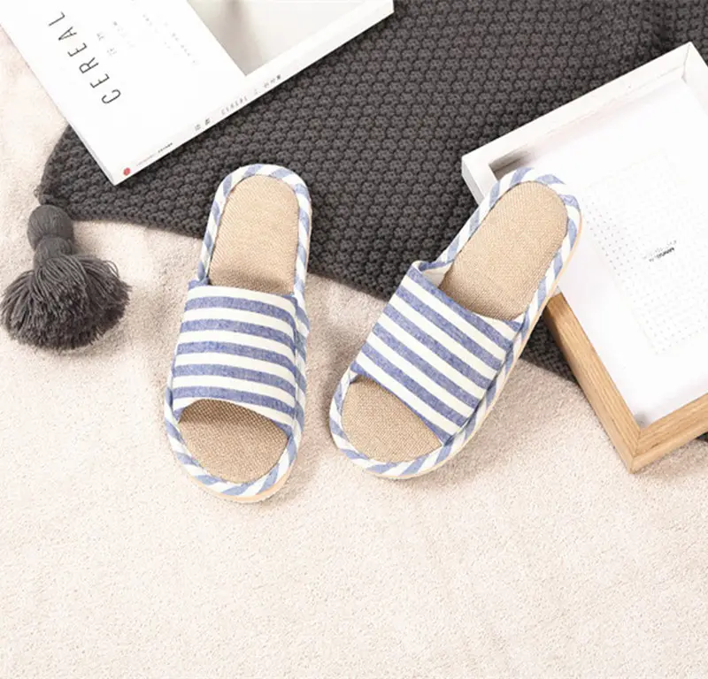 Striped Spring and Summer All Year Round Couple Men and Women Linen Home Cotton Slippers Home Household Wooden Floor Indoor Sandals and Slippers