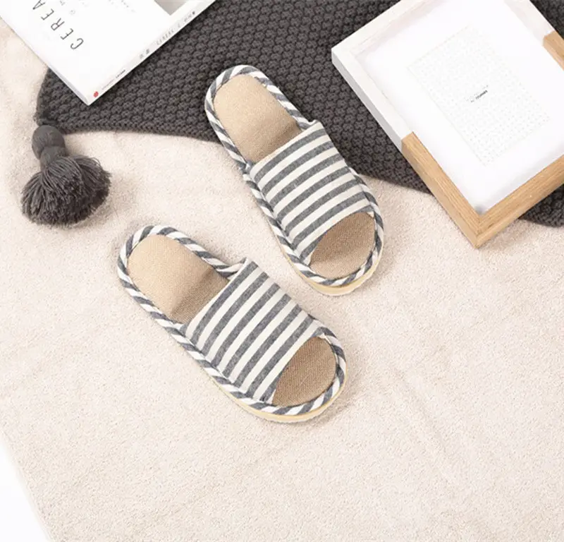 Striped Spring and Summer All Year Round Couple Men and Women Linen Home Cotton Slippers Home Household Wooden Floor Indoor Sandals and Slippers