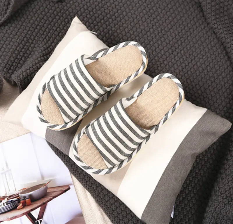 Striped Spring and Summer All Year Round Couple Men and Women Linen Home Cotton Slippers Home Household Wooden Floor Indoor Sandals and Slippers