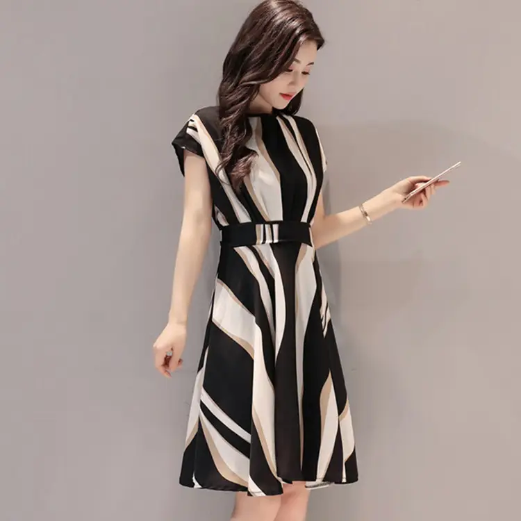 Women Korean Style Mid-Length Dress Black White Loose Slim - Image 4