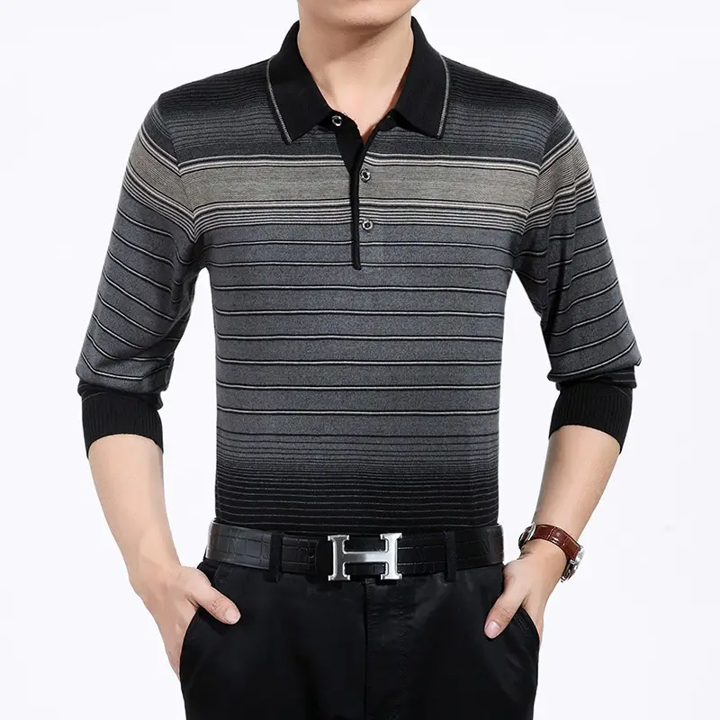 2018 Spring Men Striped Polo T-Shirt with Belt - Image 2