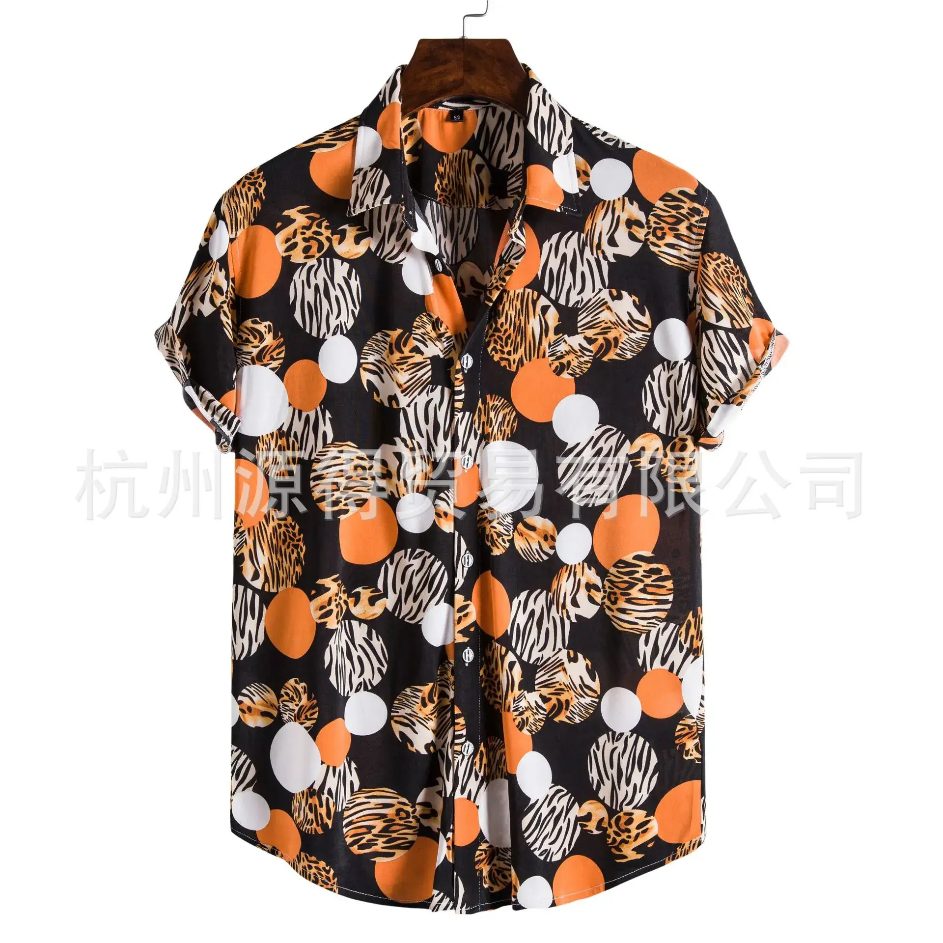 Men Printed Short Sleeve Shirt Black Tropical Leaf Design - Image 2
