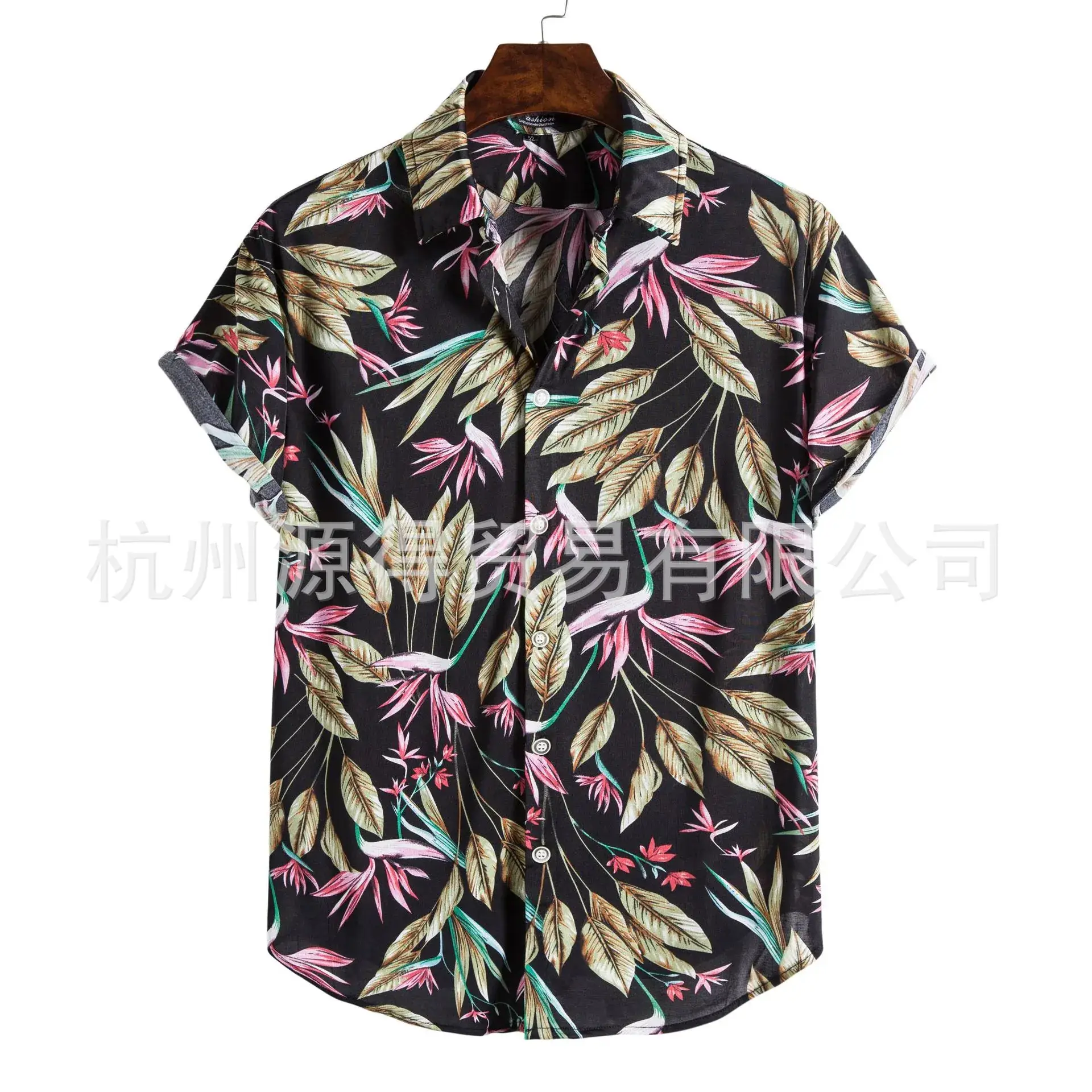 Men Printed Short Sleeve Shirt Black Tropical Leaf Design - Image 3