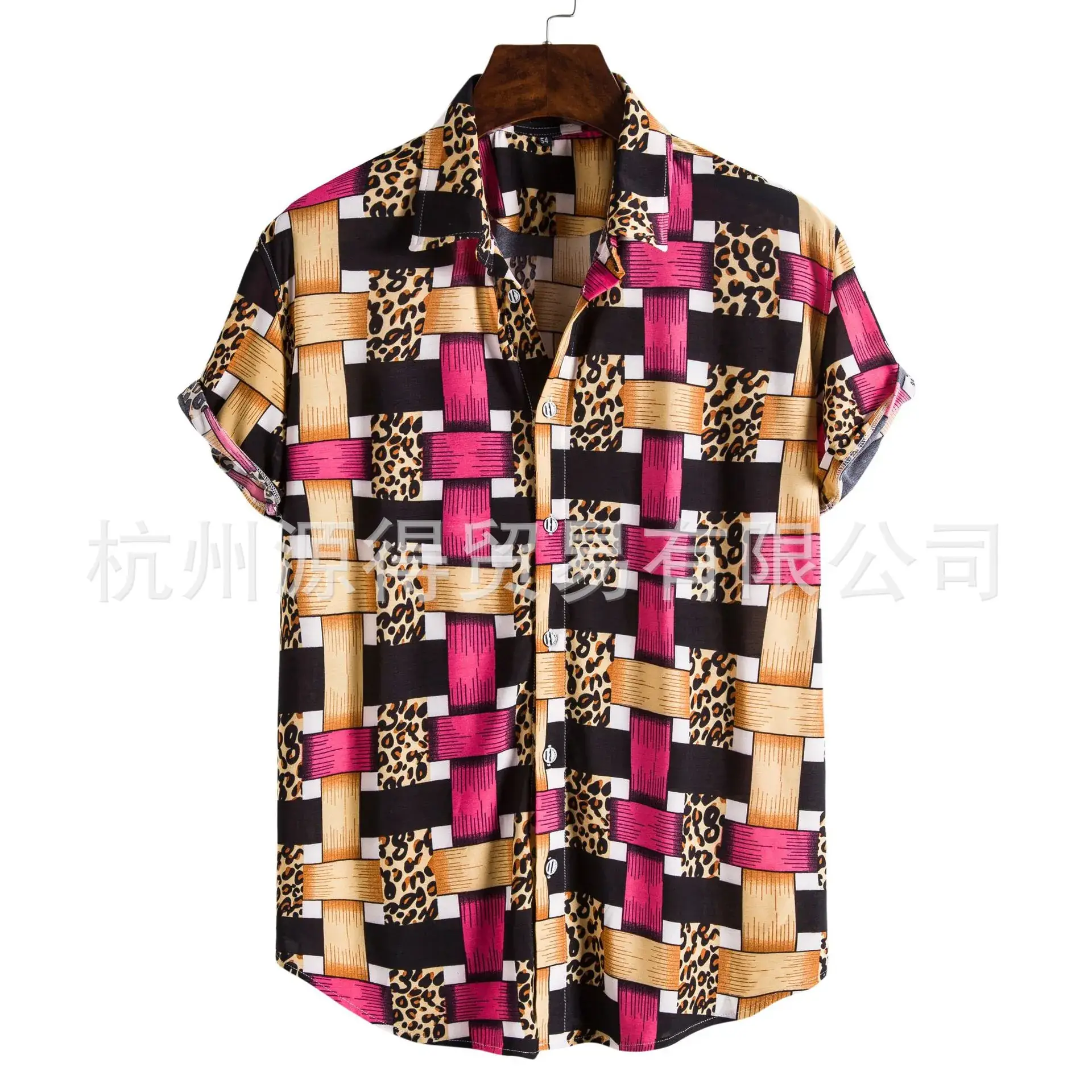 Men Printed Short Sleeve Shirt Black Tropical Leaf Design - Image 4