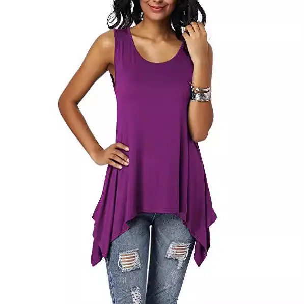 Women's Purple Sleeveless Round Neck T-Shirt Loose Fit