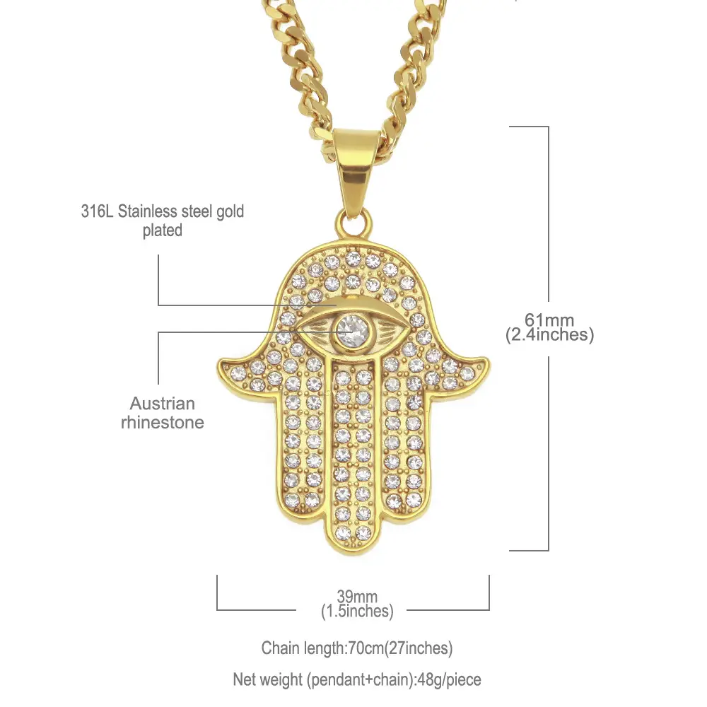High Quality Stainless Steel Men's Necklace with Diamond Hand of Fatima Pendant - Image 2