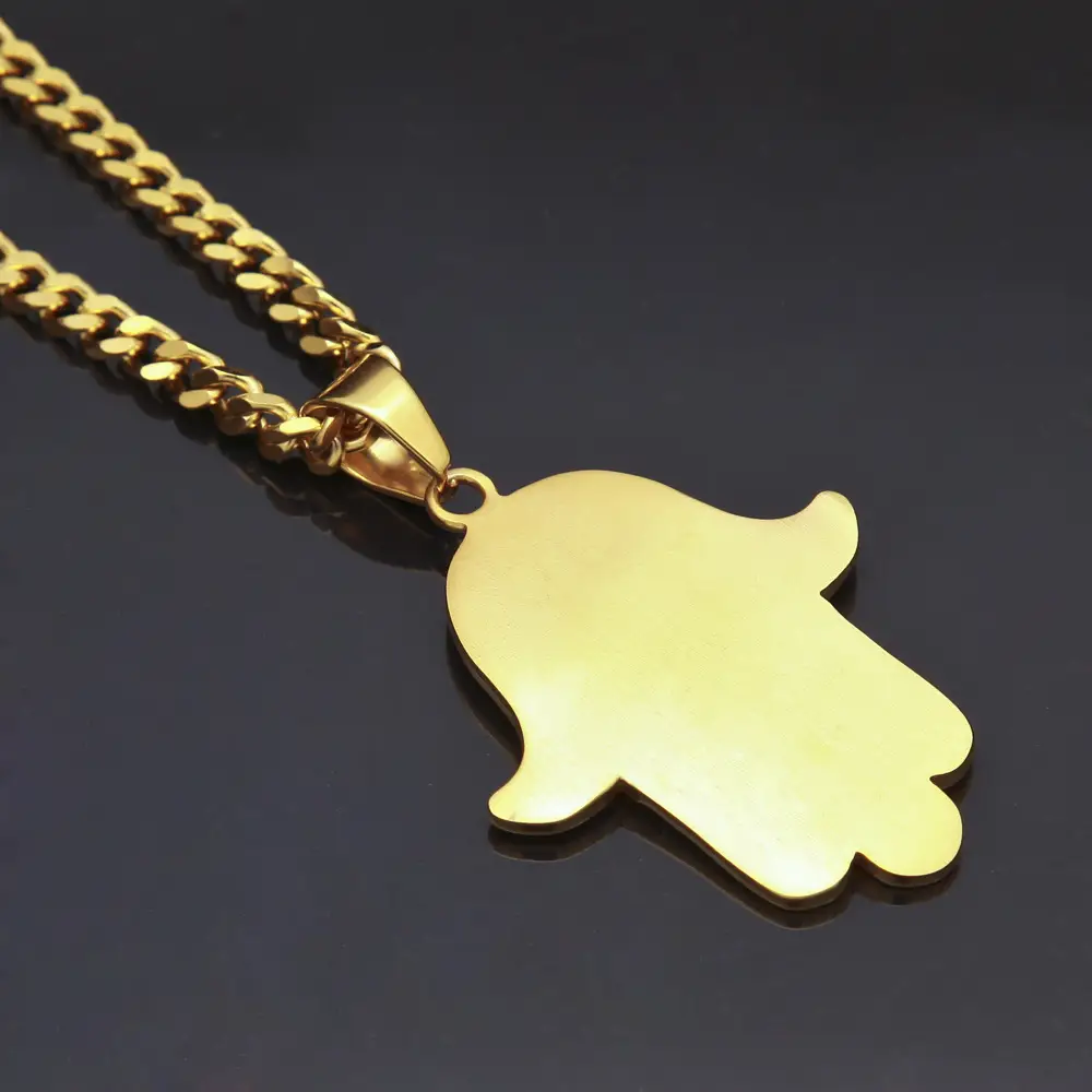 High Quality Stainless Steel Men's Necklace with Diamond Hand of Fatima Pendant - Image 3