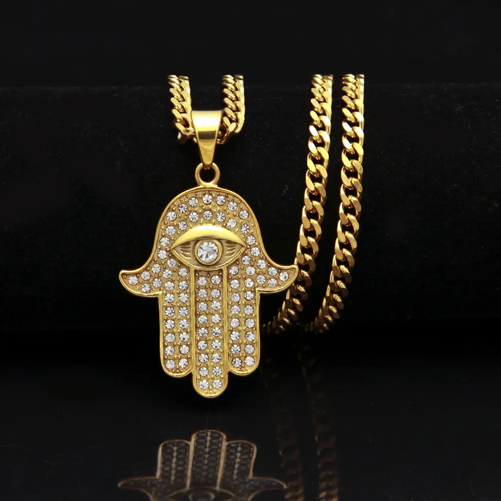 High Quality Stainless Steel Men's Necklace with Diamond Hand of Fatima Pendant - Image 4