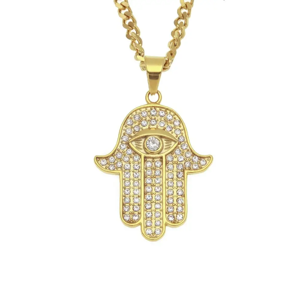 High Quality Stainless Steel Men's Necklace with Diamond Hand of Fatima Pendant - Image 5
