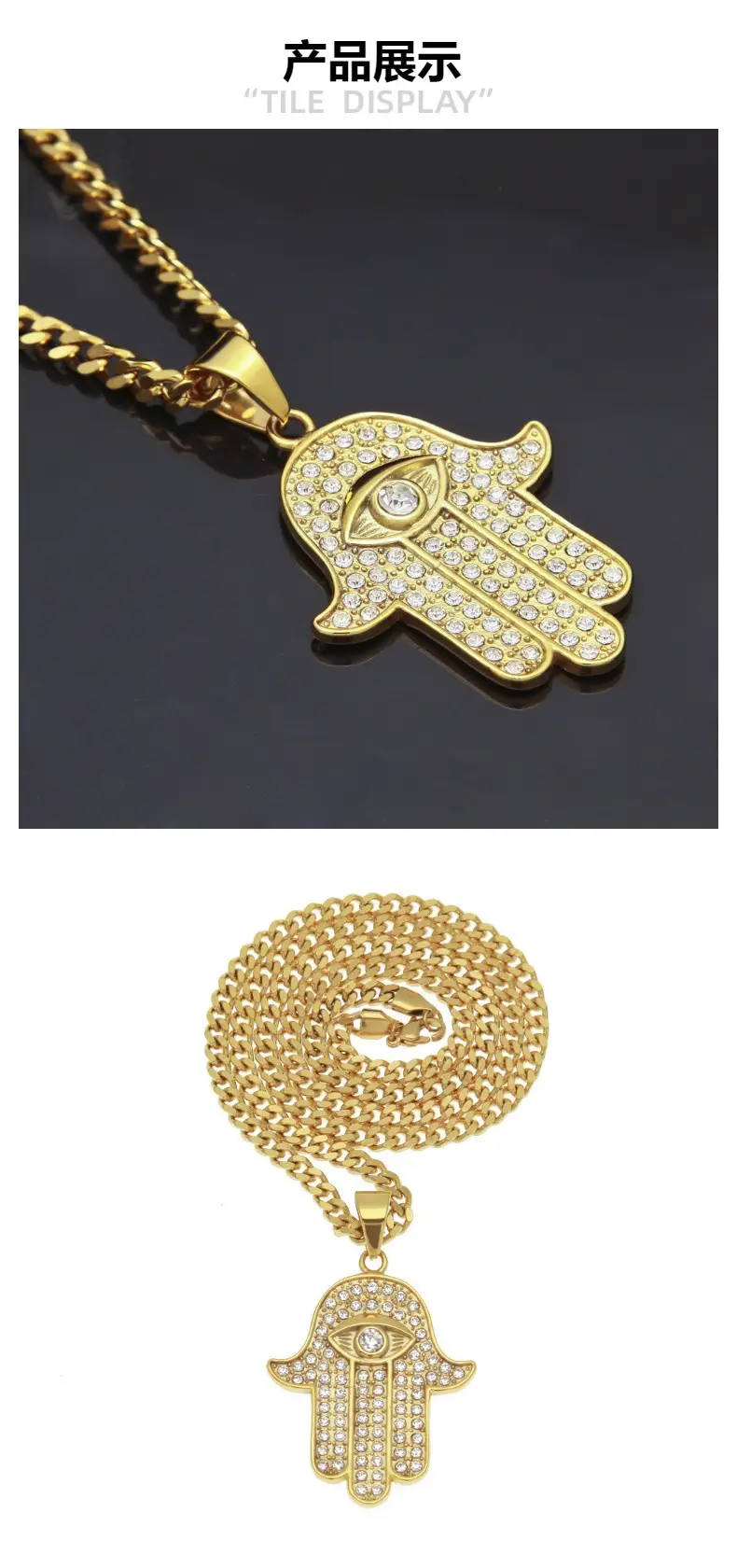 High Quality Stainless Steel Men's Necklace with Diamond Hand of Fatima Pendant — feature 4