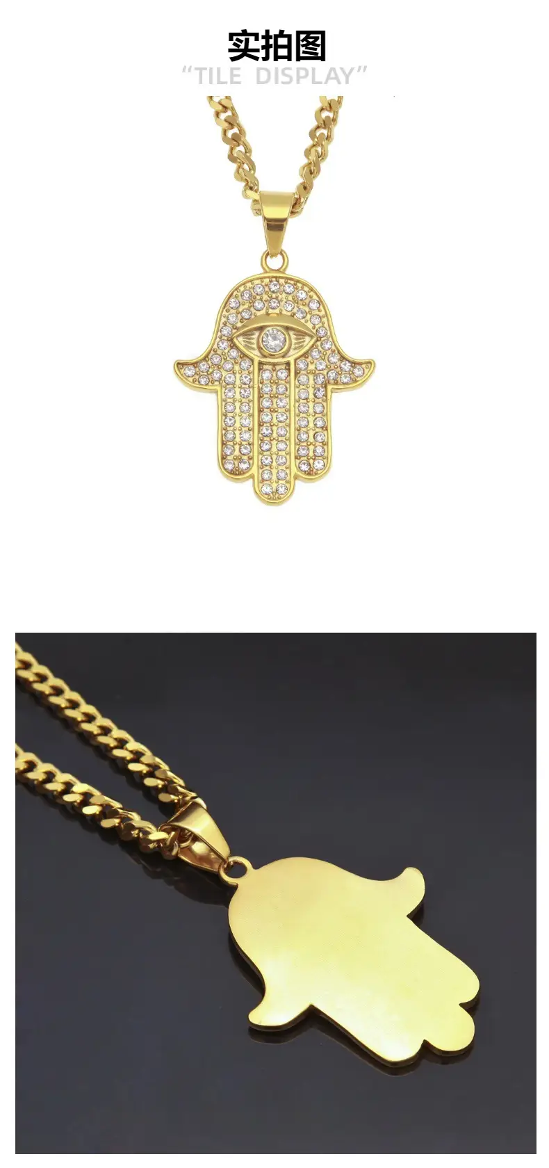High Quality Stainless Steel Men's Necklace with Diamond Hand of Fatima Pendant — feature 6